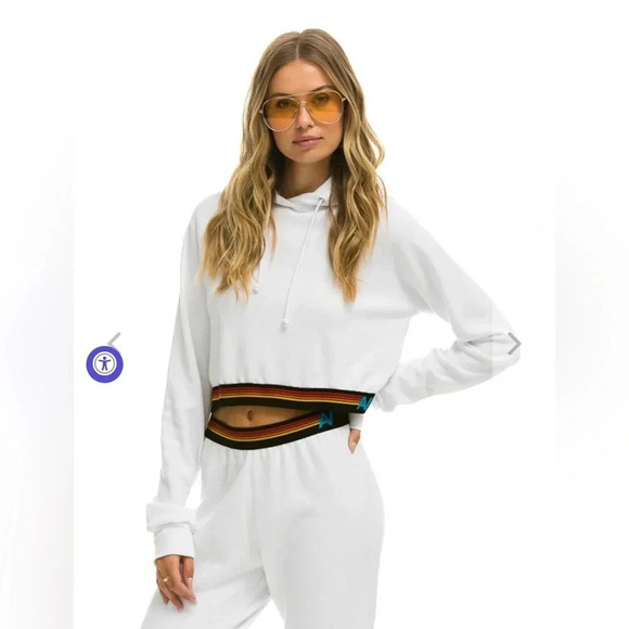 Aviator Nation Size L LOGO STRIPE CROP PULLOVER HOODIE - WHITE NEW!! - Picture 2 of 8